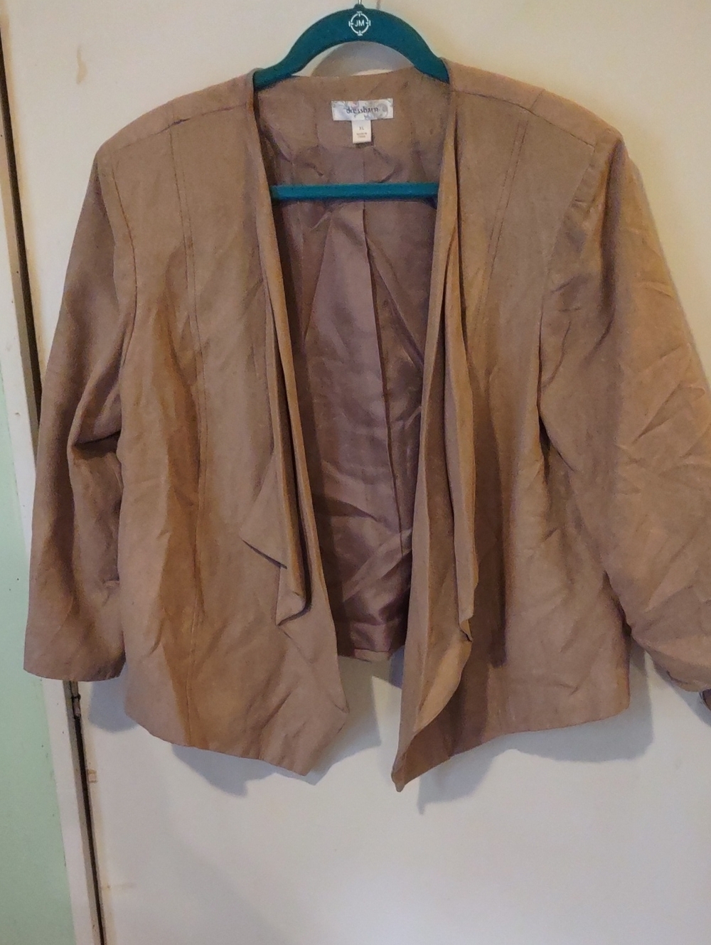dressbarn Draped Open-Front Blazer in Taupe